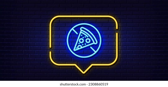 Neon light speech bubble. No food allowed line icon. Salami pizza sign. Forbidden food symbol. Neon light background. Prohibit food glow line. Brick wall banner. Vector