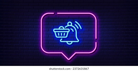 Neon light speech bubble. Notification cart line icon. Bell alarm reminder sign. Shopping message symbol. Neon light background. Notification cart glow line. Brick wall banner. Vector