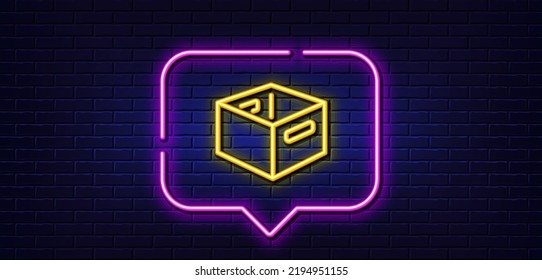 Neon light speech bubble. Office box line icon. Delivery parcel sign. Cargo package symbol. Neon light background. Office box glow line. Brick wall banner. Vector