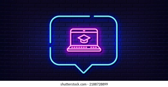 Neon light speech bubble. Online Education line icon. Notebook or Laptop sign. Graduation cap symbol. Neon light background. Website Education glow line. Brick wall banner. Vector