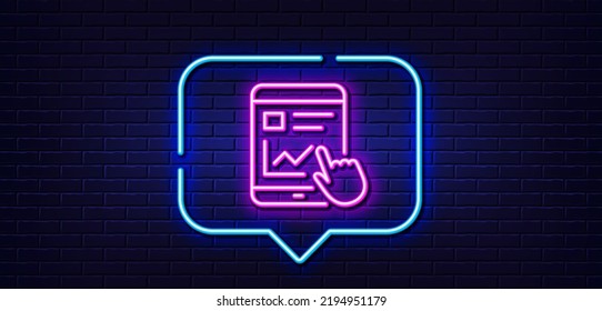 Neon light speech bubble. Online Education line icon. Tablet PC sign. Web presentation with Charts symbol. Neon light background. Internet report glow line. Brick wall banner. Vector