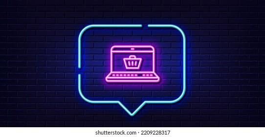 Neon light speech bubble. Online Shopping cart line icon. Laptop sign. Supermarket basket symbol. Neon light background. Online shopping glow line. Brick wall banner. Vector