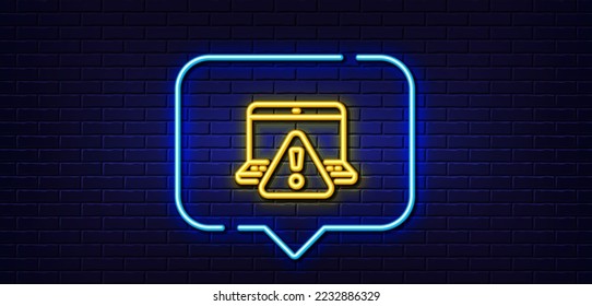 Neon Light-Sprechblase. Symbol der Online-Warnzeile. Dreiländerzeichen der Aufmerksamkeit. Vorsicht im Internet-Symbol. Neoner heller Hintergrund. Online-Warnleuchte Brick-Wand-Banner. Vektorgrafik