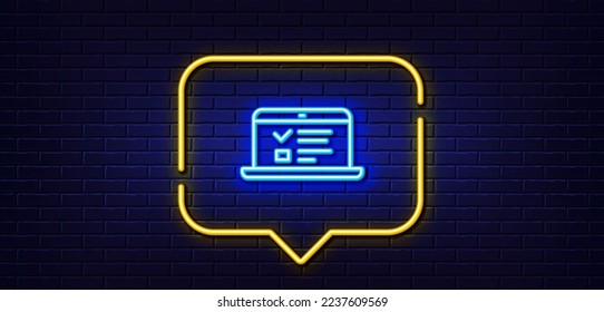 Neon light speech bubble. Online Education line icon. Notebook or Laptop sign. Web Presentation or Internet Lectures symbol. Neon light background. Web lectures glow line. Brick wall banner. Vector