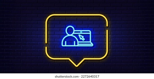 Neon light speech bubble. Online Education line icon. Notebook or Laptop with mouse cursor sign. Internet Lectures symbol. Neon light background. Online Education glow line. Brick wall banner. Vector