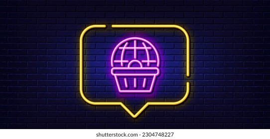 Neon light speech bubble. Online shopping cart line icon. Internet buying sign. Supermarket purchases symbol. Neon light background. Online shopping glow line. Brick wall banner. Vector