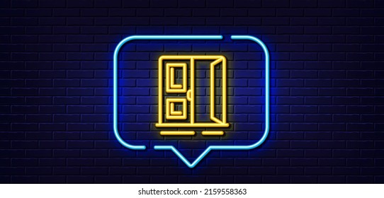 Neon light speech bubble. Open door line icon. Entrance doorway sign. Building exit symbol. Neon light background. Open door glow line. Brick wall banner. Vector