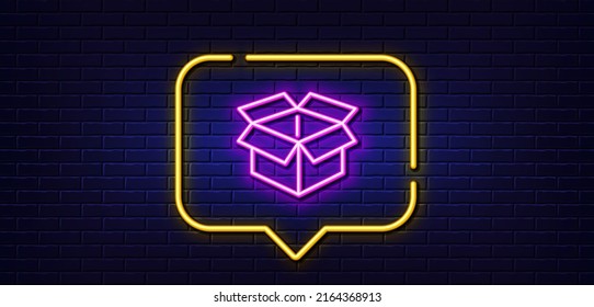 Neon light speech bubble. Open box line icon. Delivery parcel sign. Cargo package symbol. Neon light background. Open box glow line. Brick wall banner. Vector