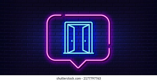 Neon light speech bubble. Open door line icon. Entrance doorway sign. Building exit symbol. Neon light background. Open door glow line. Brick wall banner. Vector