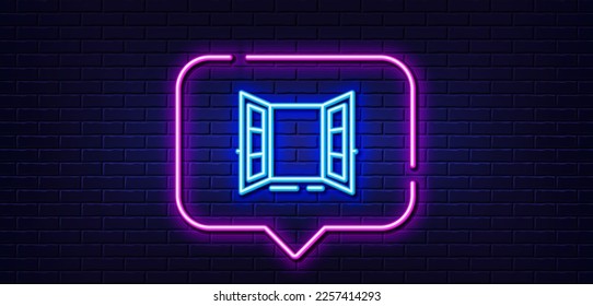 Neon light speech bubble. Open door line icon. Entrance doorway sign. Building exit symbol. Neon light background. Open door glow line. Brick wall banner. Vector