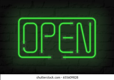 Neon light speech bubble open message sign on brick wall. Neon tube frame with glow effect. Vector illustration