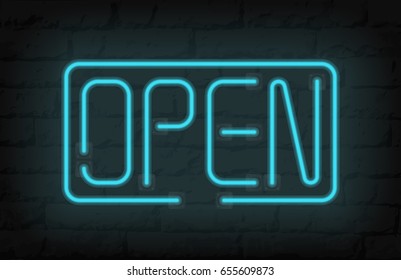 Neon light speech bubble open message sign on brick wall. Neon tube frame with glow effect. Vector illustration