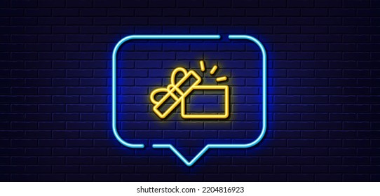 Neon light speech bubble. Opened Gift box line icon. Present or Sale sign. Birthday Shopping symbol. Package in Gift Wrap. Neon light background. Opened Gift glow line. Brick wall banner. Vector