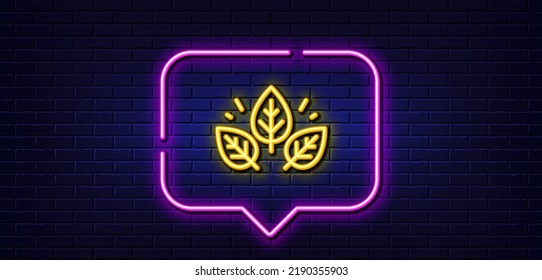 Neon light speech bubble. Organic tested line icon. Bio cosmetics sign. Fair trade symbol. Neon light background. Organic tested glow line. Brick wall banner. Vector