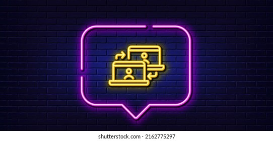 Neon light speech bubble. Outsource work line icon. Job at home sign. Remote office employees symbol. Neon light background. Outsource work glow line. Brick wall banner. Vector