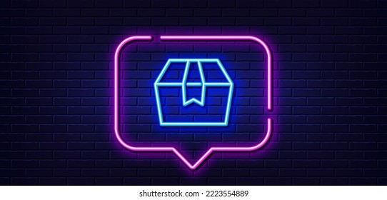 Neon light speech bubble. Package box line icon. Delivery parcel sign. Cargo goods symbol. Neon light background. Package box glow line. Brick wall banner. Vector