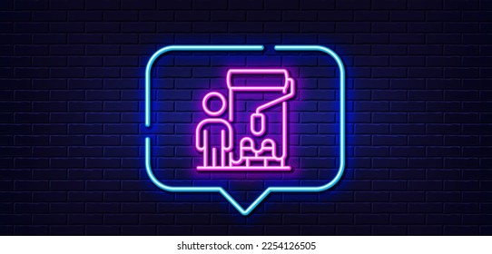 Neon light speech bubble. Painter line icon. Paint brush roller sign. Professional artist symbol. Neon light background. Painter glow line. Brick wall banner. Vector