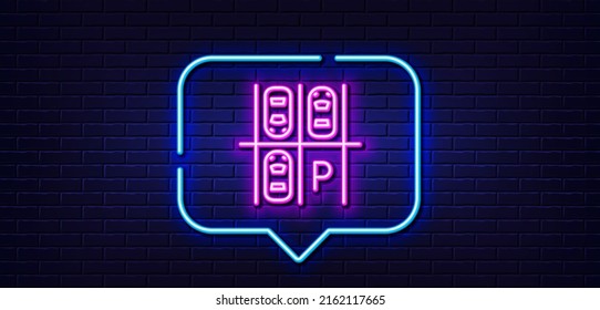 Neon light speech bubble. Parking place line icon. Car park sign. Transport symbol. Neon light background. Parking place glow line. Brick wall banner. Vector