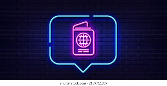 Neon light speech bubble. Passport line icon. ID document sign. Citizen identity doc symbol. Neon light background. Passport glow line. Brick wall banner. Vector