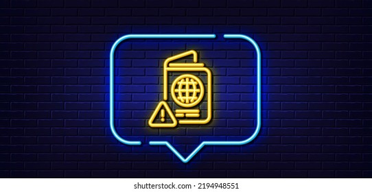 Neon Light-Sprechblase. Symbol für die Passport-Warnzeile. Dreiländerzeichen der Aufmerksamkeit. Warnsymbol für die Unionsbürgerschaft Neoner heller Hintergrund. Passport Warnleuchte Linie. Brick-Wand-Banner. Vektorgrafik