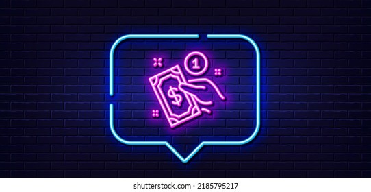 Burbuja de habla de luz neón. Icono de línea de método de pago. Denle dinero en efectivo. Fondo neón de luz. Línea de brillo del método de pago. Banner de pared de ladrillo. Vector