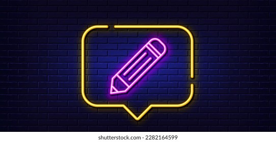 Neon light speech bubble. Pencil line icon. Edit sign. Drawing or Writing equipment symbol. Neon light background. Pencil glow line. Brick wall banner. Vector