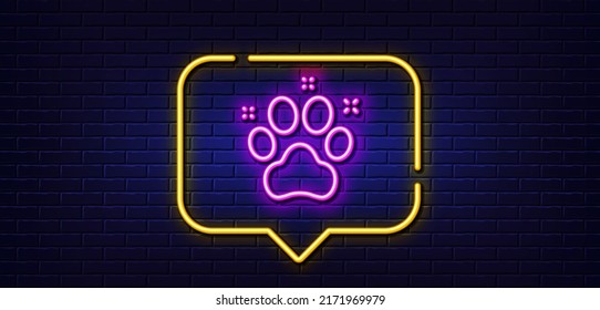 Neon light speech bubble. Pet friendly line icon. Dog paw sign. Hotel service symbol. Neon light background. Pet friendly glow line. Brick wall banner. Vector