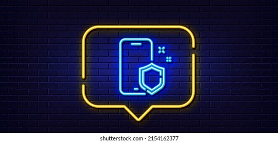 Burbuja de habla de luz neón. Icono de línea de protección telefónica. Señal de escudo de smartphone. Símbolo de teléfono celular seguro. Fondo neón de luz. El teléfono protege la línea de brillo. Banner de pared de ladrillo. Vector