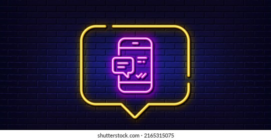 Neon light speech bubble. Phone Message line icon. Mobile chat sign. Conversation or SMS symbol. Neon light background. Smartphone notification glow line. Brick wall banner. Vector
