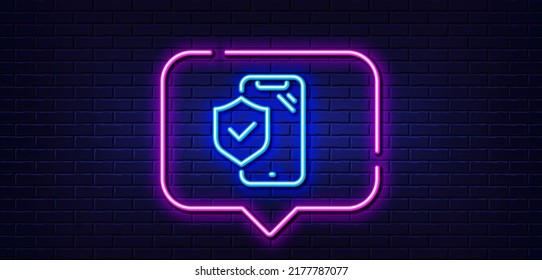 Neon light speech bubble. Phone insurance hand line icon. Risk coverage sign. Device protection symbol. Neon light background. Phone insurance glow line. Brick wall banner. Vector