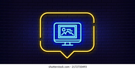 Neon light speech bubble. Photo thumbnail line icon. Monitor with Image sign. Picture placeholder symbol. Neon light background. Photo thumbnail glow line. Brick wall banner. Vector