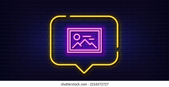 Neon light speech bubble. Photo line icon. Image thumbnail sign. Picture placeholder symbol. Neon light background. Photo glow line. Brick wall banner. Vector