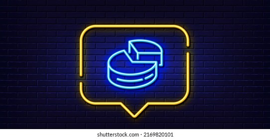 Neon light speech bubble. Pie chart line icon. Presentation 3d graph sign. Market analytics symbol. Neon light background. Pie chart glow line. Brick wall banner. Vector