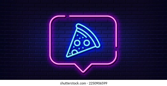 Neon light speech bubble. Pizza slice line icon. Pizzeria food sign. Fast food symbol. Neon light background. Pizza glow line. Brick wall banner. Vector