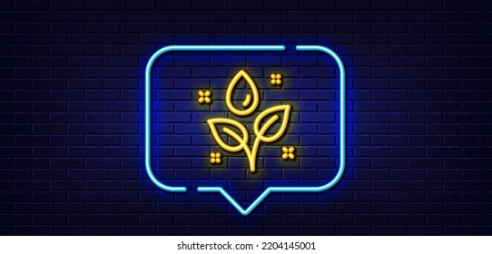 Neon light speech bubble. Plants watering line icon. Leaves dew sign. Environmental care symbol. Neon light background. Plants watering glow line. Brick wall banner. Vector