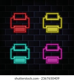 Burbuja de habla de luz neón. Icono de la línea de imagen de impresión. Signo de impresora fotográfica. Símbolo de imagen. Fondo neón de luz. Imprimir la línea de brillo de la imagen. Banner de pared de ladrillo. Vector. amarillo, rojo, verde, azul, rosa y