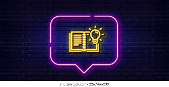 Neon light speech bubble. Product knowledge line icon. Education process sign. Neon light background. Product knowledge glow line. Brick wall banner. Vector