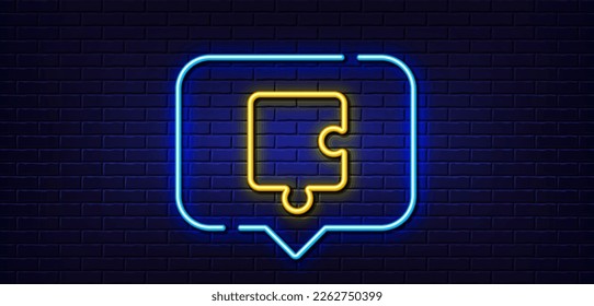 Neon light speech bubble. Puzzle piece line icon. Jigsaw game shape sign. Business strategy element. Neon light background. Puzzle glow line. Brick wall banner. Vector