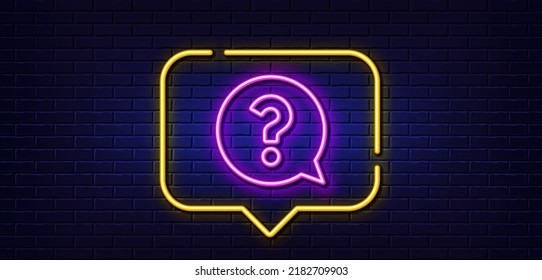 Neon light speech bubble. Question mark line icon. Help speech bubble sign. FAQ symbol. Neon light background. Question mark glow line. Brick wall banner. Vector