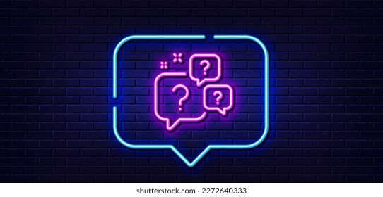 Neon light speech bubble. Question bubbles line icon. Ask help sign. Faq questionnaire symbol. Neon light background. Question bubbles glow line. Brick wall banner. Vector