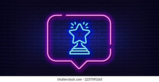 Neon light speech bubble. Rank star line icon. Success reward symbol. Best result sign. Winner cup. Neon light background. Winner glow line. Brick wall banner. Vector