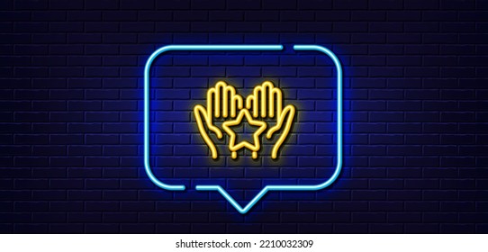 Neon light speech bubble. Ranking line icon. Holding star sign. Best rank symbol. Neon light background. Ranking glow line. Brick wall banner. Vector
