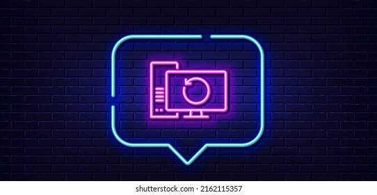Neon Light-Sprechblase. Symbol für die Zeile des Wiederherstellungs-Computers Datenzeichen sichern. Symbol für Informationen wiederherstellen. Neoner heller Hintergrund. Wiederherstellungs-Computer glühende Linie. Brick-Wand-Banner. Vektorgrafik