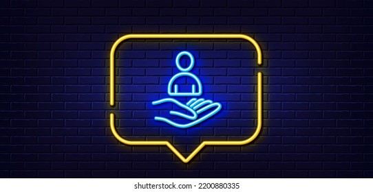 Neon light speech bubble. Recruitment line icon. Business management sign. Employee or human resources symbol. Neon light background. Recruitment glow line. Brick wall banner. Vector