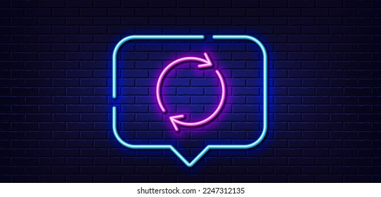 Neon light speech bubble. Refresh line icon. Rotation arrow sign. Reset or Reload symbol. Neon light background. Full rotation glow line. Brick wall banner. Vector