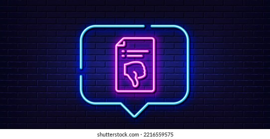 Burbuja de habla de luz neón. Icono de la línea de archivo de rechazo. Rechazar el signo del documento. No le gusta el archivo. Fondo neón de luz. Tira hacia abajo en la línea de resplandor. Banner de pared de ladrillo. Vector