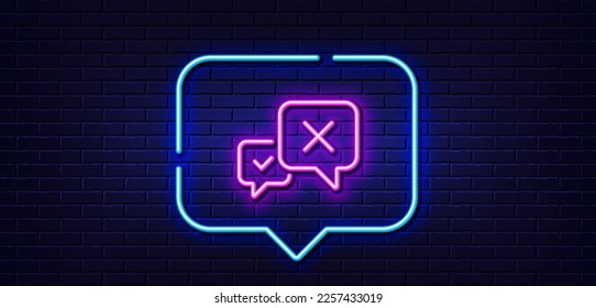 Neon light speech bubble. Reject message line icon. Decline or remove chat sign. Neon light background. Reject glow line. Brick wall banner. Vector