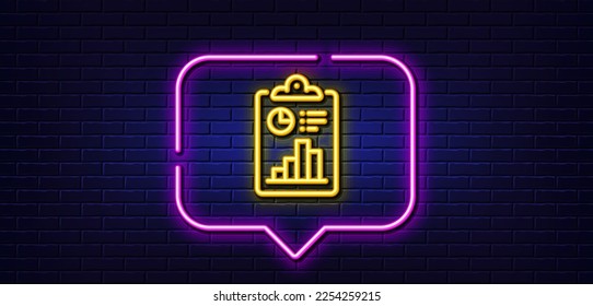 Neon Light-Sprechblase. Zeilensymbol melden. Rechnungslegungszeichen für Zwischenablage. Info-Symbol für den Haushalt. Neoner heller Hintergrund. Melden Sie eine glatte Linie. Brick-Wand-Banner. Vektorgrafik