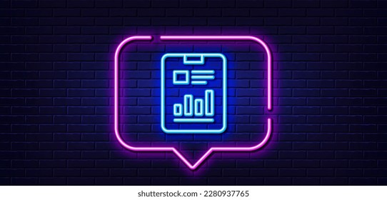 Neon light speech bubble. Report document line icon. Analysis Chart or Sales growth sign. Statistics data symbol. Neon light background. Report document glow line. Brick wall banner. Vector