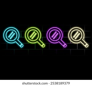 Neon light speech bubble. Research line icon. Magnifying glass symbol. Magnifier sign. Neon light background. Research glow line. Brick wall banner. Vector.